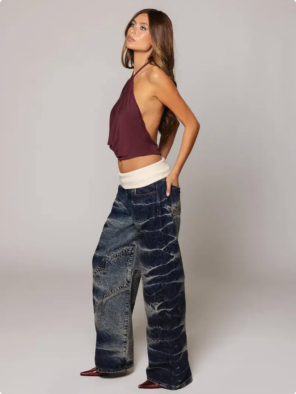 Washed Fold Over Jeans